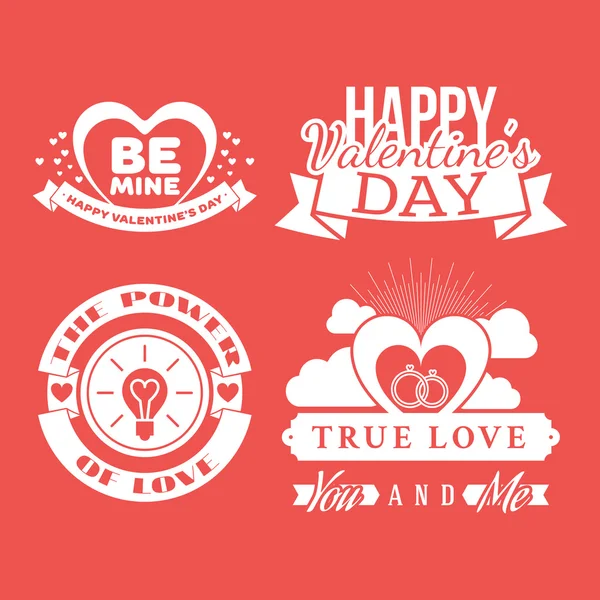 Ensemble d'étiquettes, insignes, timbres et éléments de design pour la Saint-Valentin. Blanc sur fond rouge — Image vectorielle