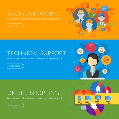 Düz tasarım konsepti teknik destek, sosyal ağ, online alışveriş için. Vektör çizim web afiş ve promosyon malzemeleri için