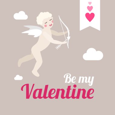 Vektör St Sevgililer günü tebrik kartı düz tarzı. Aşk tanrısı gökyüzünde