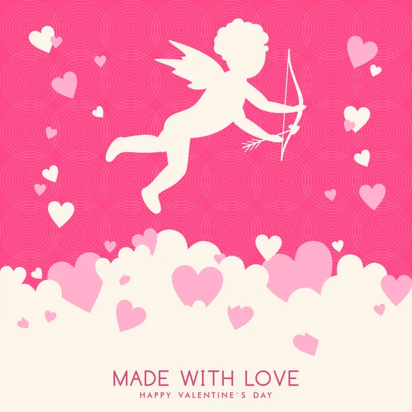 Vector St. Valentine's day greeting card in flat style. Cupid on pink background with hearts — Stock Vector