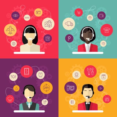 Teknik destek afiş Yardımcısı kadın simgeleri ile düz tasarım vektör çizim ayarla. 