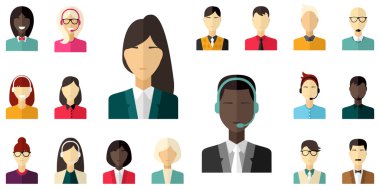 Vektör düz Icon set. Farklı insanlar karakter, erkek, erkek, işadamı, teknik destek