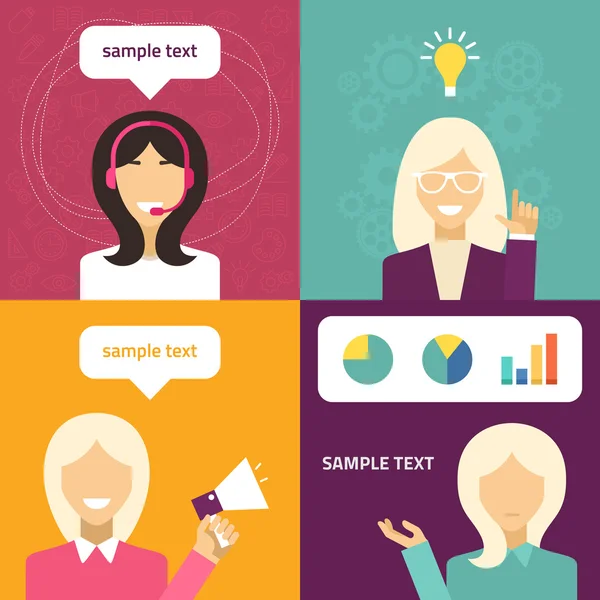 Vector flat icon and illustration set. Different people character - female, technical support, creative idea, presentation, promotion — Stock Vector