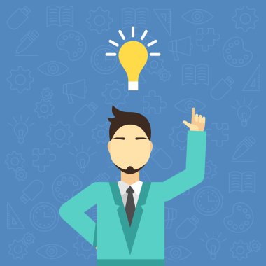 Düz vektör çizim. Genç işadamı yukarı dönük. Yaratıcı bir fikir kavramı