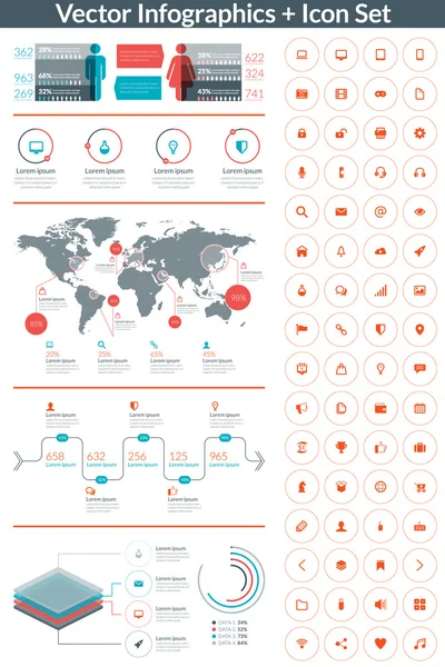 Flat Style Vektor-Infografiken und Designelemente mit Icon-Set für Broschüren, Flyer und Webseiten — Stockvektor