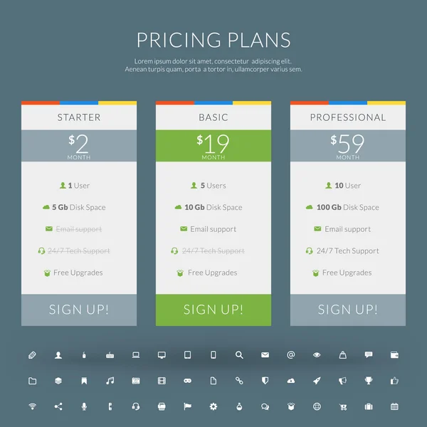 Tabela de preços de vetores em estilo de design plano para sites e aplicações —  Vetores de Stock