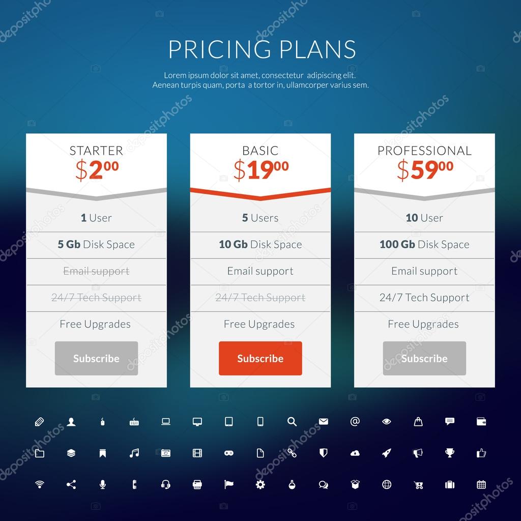 Vector pricing table in flat design style for websites and applications