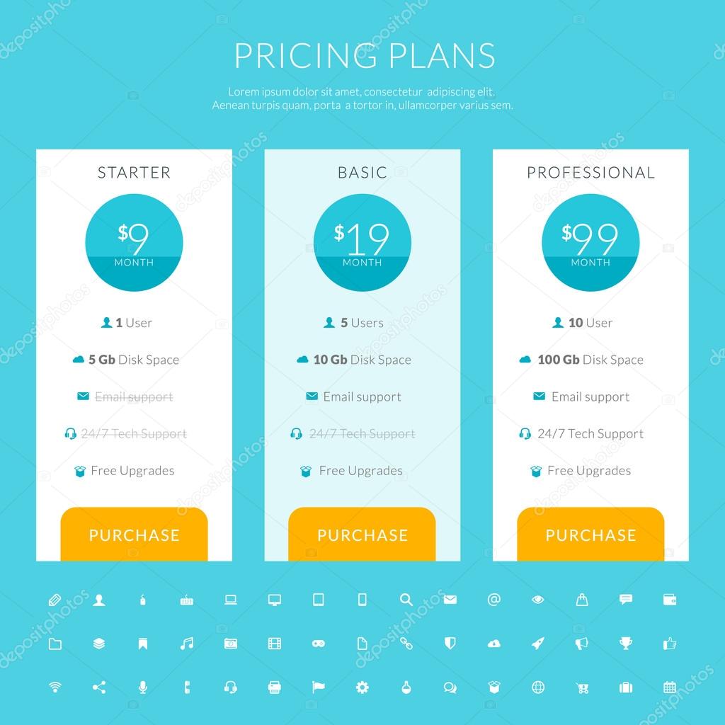 Vector pricing table in flat design style for websites and applications