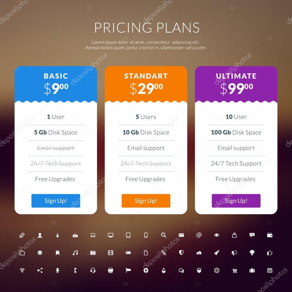 Vector pricing table in flat design style for websites and applications