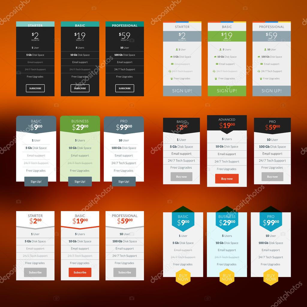 Set of vector pricing table in flat design style for websites and applications