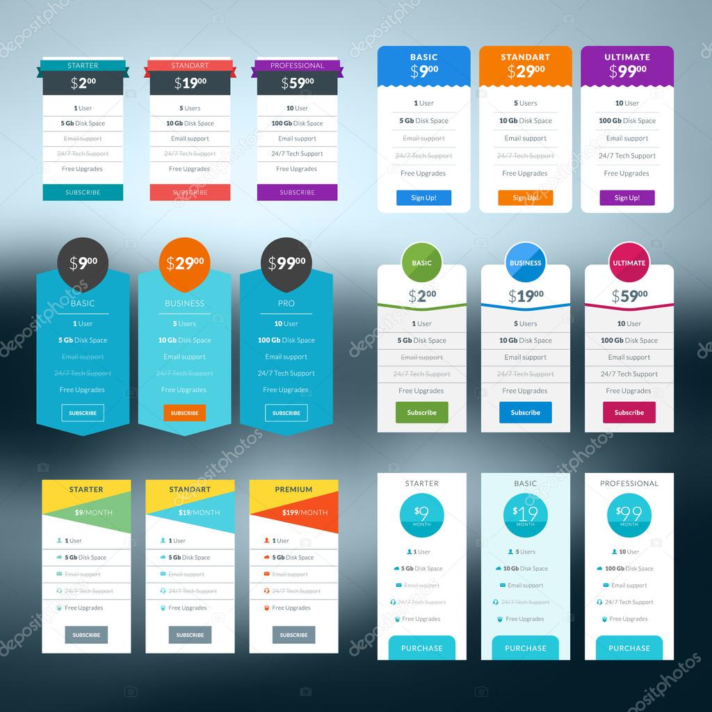 Set of vector pricing table in flat design style for websites and applications