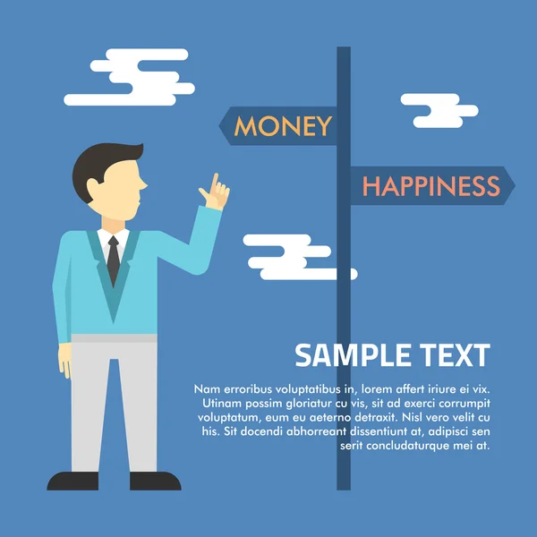 Ilustración vectorial plana. El hombre se muestra en el signo con flechas Dinero y Felicidad — Archivo Imágenes Vectoriales