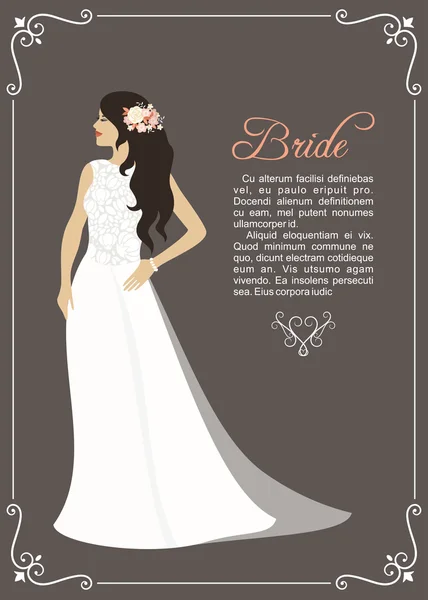 Preciosa novia hembra en vestido de novia. Plantilla de diseño vectorial para invitaciones o anuncios — Vector de stock