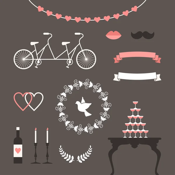 Conjunto vintage de ilustraciones de boda vectorial y elementos decorativos — Vector de stock