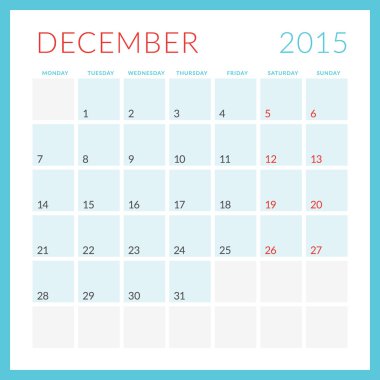 Takvim 2015 vektör düz tasarım şablonu. Aralık. Hafta Pazartesi başlıyor