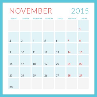Takvim 2015 vektör düz tasarım şablonu. Kasım. Hafta Pazartesi başlıyor