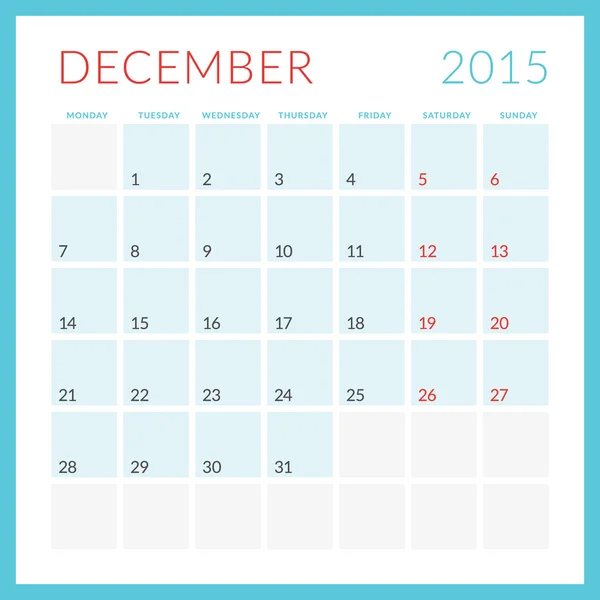 Calendrier 2015 vecteur plat modèle de conception. Décembre. La semaine commence lundi — Image vectorielle