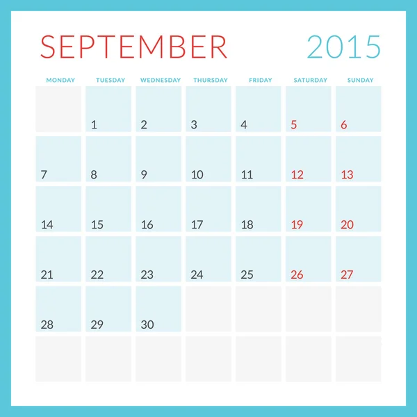 Calendrier 2015 vecteur plat modèle de conception. Septembre. La semaine commence lundi — Image vectorielle