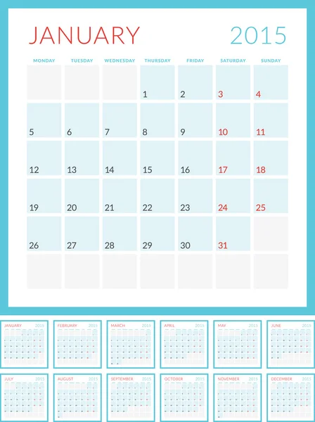Calendario 2015 plantilla de diseño plano vectorial. Conjunto de 12 meses. La semana comienza el lunes — Archivo Imágenes Vectoriales