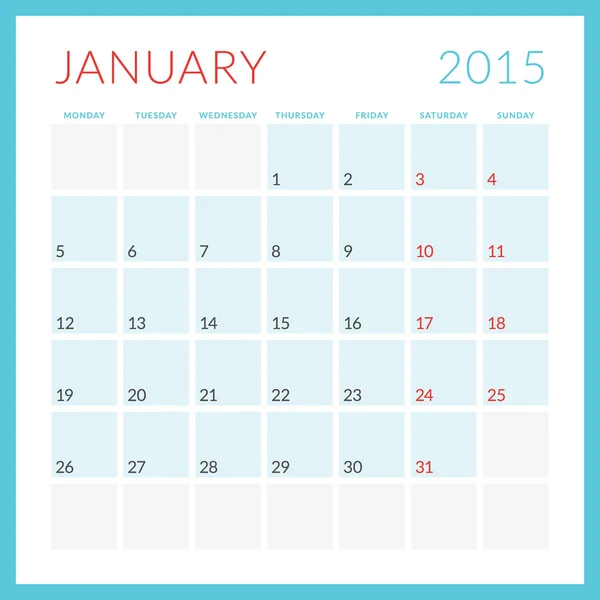 Calendar 2015 vector flat design template. January. Week starts Monday — Stock Vector