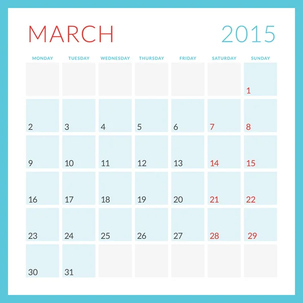 Calendar 2015 vector flat design template. March. Week starts Monday — Stock Vector