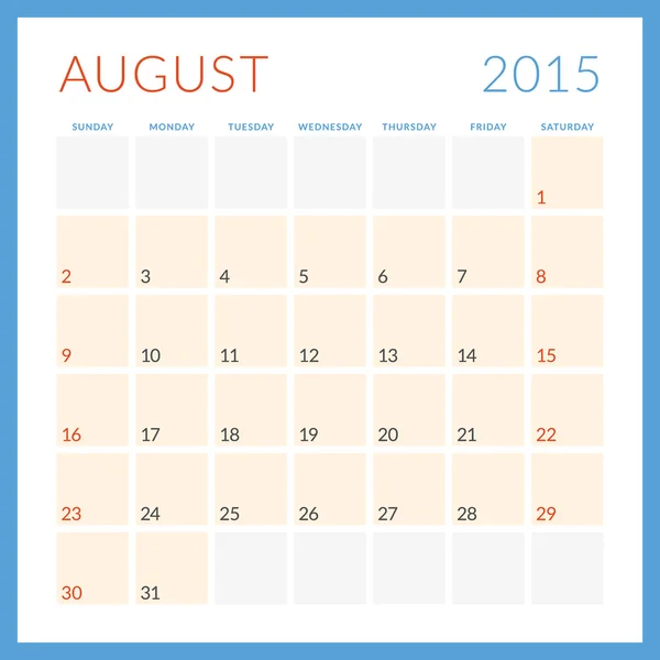 日历 2015年矢量平面设计模板。8 月。周从星期日开始 — 图库矢量图片