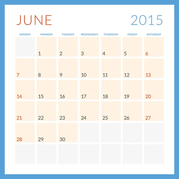 Calendário 2015 modelo de design plano vetorial. Junho. Semana começa domingo — Vetor de Stock