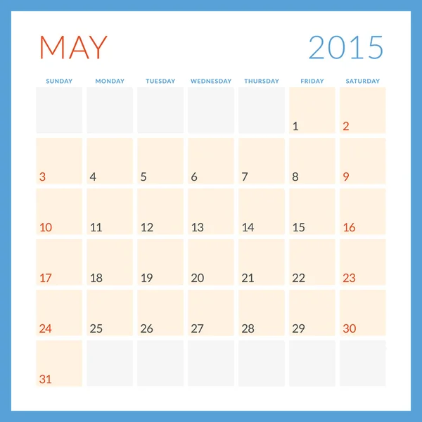 Calendario 2015 modello di design vettoriale piatto. May. La settimana inizia domenica — Vettoriale Stock