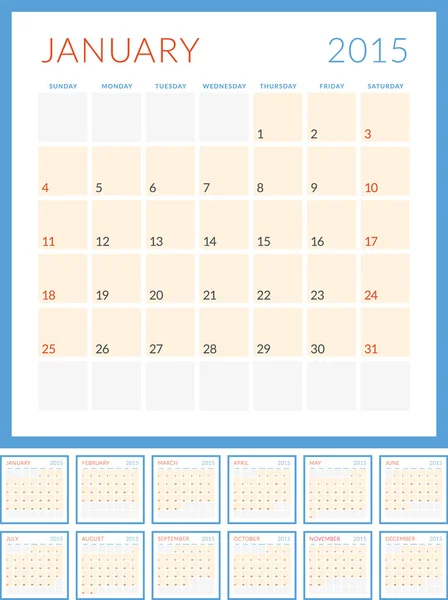 Calendrier 2015 vecteur plat modèle de conception. Ensemble de 12 mois. La semaine commence dimanche — Image vectorielle