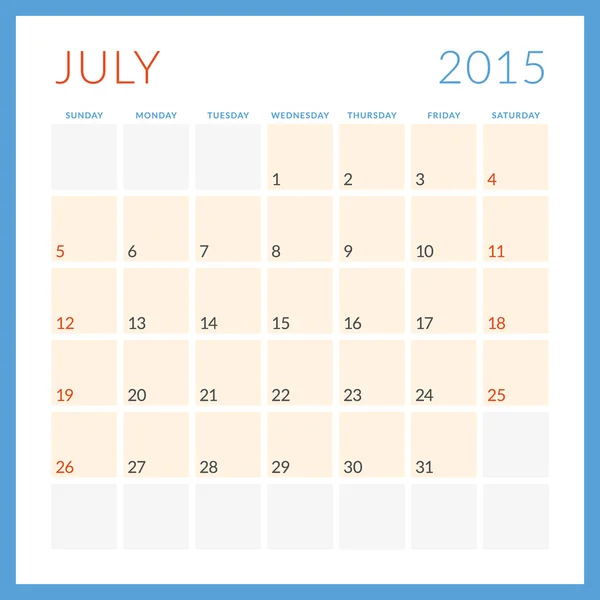 Kalendarz roku 2015 wektor płaski kształt szablonu. Lipca. Tydzień zaczyna się niedziela — Wektor stockowy