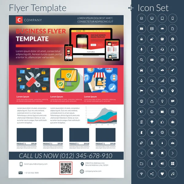Folheto de negócios abstrato do vetor ou modelo de cartaz com conjunto de ícones — Vetor de Stock