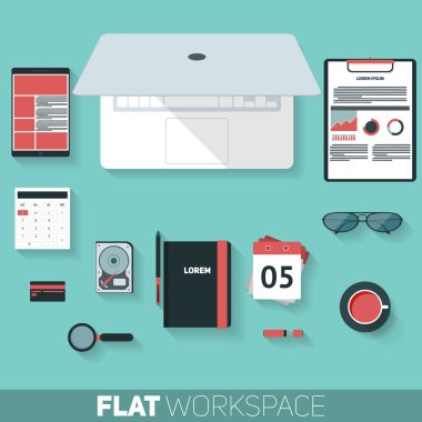 Office çalışma alanı düz tasarım vektör çizim. Dizüstü bilgisayar, office nesneleri, defter ve belgeleri uzun gölgeler ile Resepsiyon arka plan Üstten Görünüm