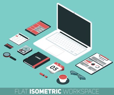 Ofis çalışma alanının modern düz izometrik tasarım vektör çizimi. Dizüstü bilgisayarlı masa arkaplanı, ofis nesneleri, defter ve belgeler