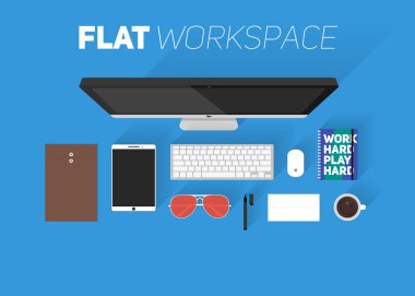 Office çalışma alanı düz tasarım vektör çizim. Resepsiyon arka plan bilgisayar, office nesneleri, defter ve belgeleri uzun gölgeler ile Üstten Görünüm