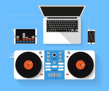 Flat design vector illustration of dj workspace. Top view of desk background with laptop, mixer, tablet pc and smartphone clipart