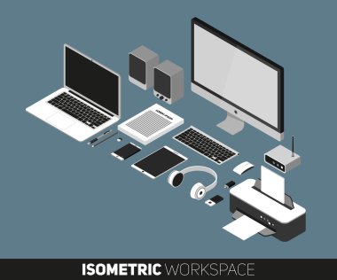 Office çalışma alanı düz tasarım vektör çizim. Dizüstü bilgisayar, office nesneleri, defter ve belgeleri uzun gölgeler ile Resepsiyon arka plan Üstten Görünüm