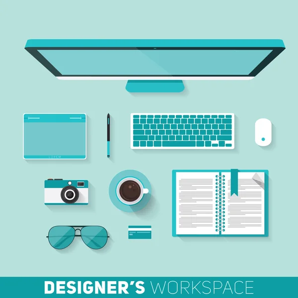 Flat design vector illustration of designers workspace. Top view of desk background with computer, pen tablet and office objects with long shadows — Stock Vector