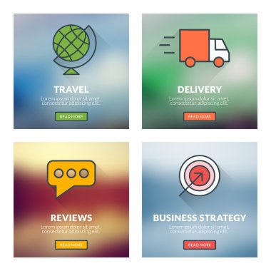 Set of flat design concepts. Travel, delivery, reviews, business strategy. Vector illustration with blurred background