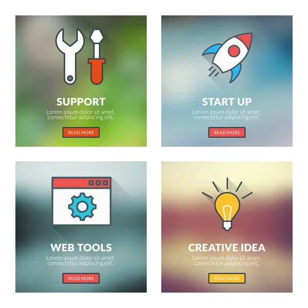 フラット デザインの概念のセットです。テクニカル サポート、web ツール、独創的なアイデアを開始。背景をぼかした写真をベクトル図 — ストックベクタ