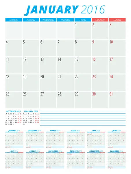 Calendario 2016 plantilla de diseño plano vectorial. Conjunto de 12 meses. La semana comienza el lunes — Archivo Imágenes Vectoriales