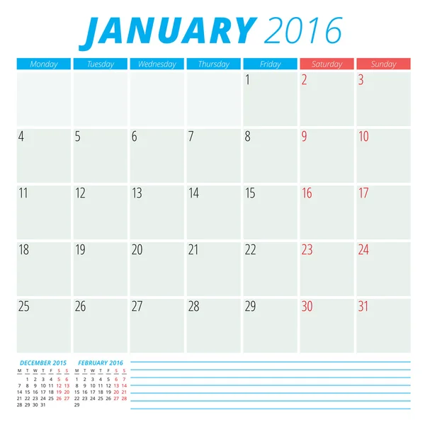 Calendar 2016 vector flat design template. January. Week starts Monday — Stock Vector