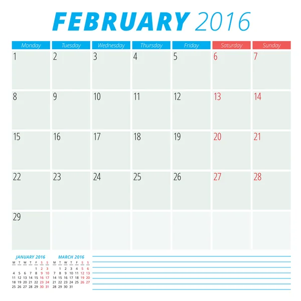 Calendario 2016 plantilla de diseño plano vectorial. Febrero — Vector de stock