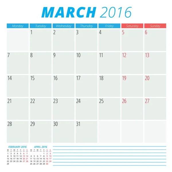 Calendar 2016 vector flat design template. March. Week starts Monday — Stock Vector