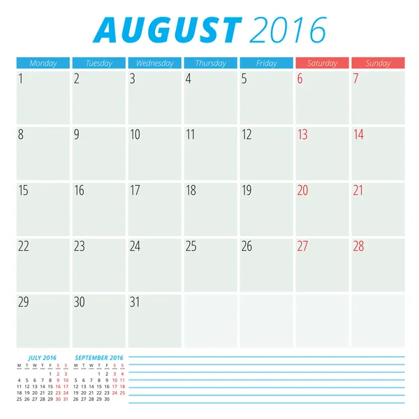 Kalendář 2016 vektor plochý design šablony. Srpna. Týden začíná v pondělí — Stockový vektor