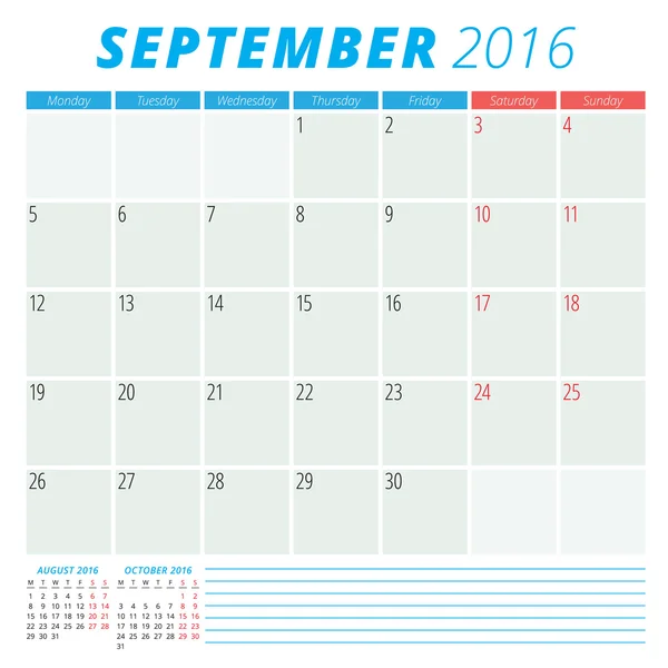 Calendrier 2016 vecteur plat modèle de conception. Septembre. La semaine commence lundi — Image vectorielle