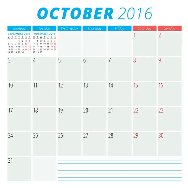 Kalendář 2016 vektor plochý design šablony. Října. Týden začíná v pondělí — Stockový vektor