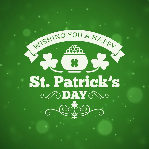 St. Patricks Day design distintivo vacanza vintage. Biglietto di auguri o poster di design vettoriale con sfondo verde sfocato — Vettoriale Stock
