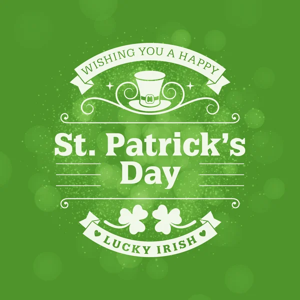 St Patricks Günü vintage tatil rozet tasarım. Vektör tasarım tebrik kartı veya poster bulanık yeşil zemin ile