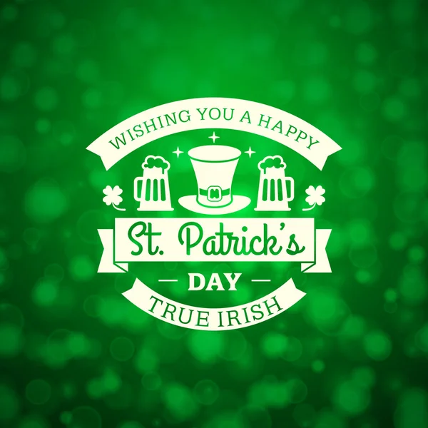 St. Patricks Day design distintivo vacanza vintage. Biglietto di auguri o poster di design vettoriale con sfondo verde sfocato — Vettoriale Stock