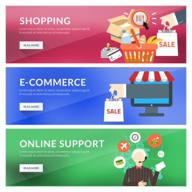Düz tasarım konsepti için alışveriş, e-ticaret, online destek
